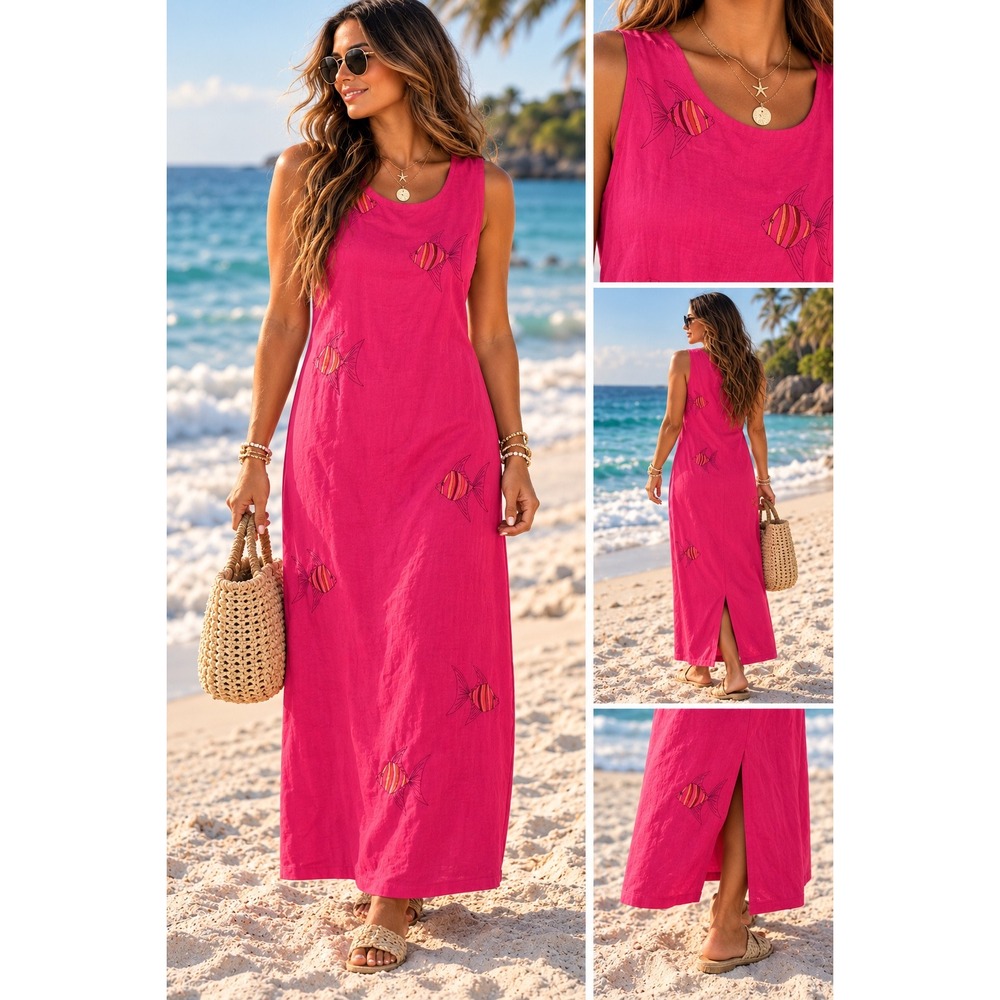 Talbots Pink Linen Blend Embroidered Fish Sleeveless Maxi Dress Size 14